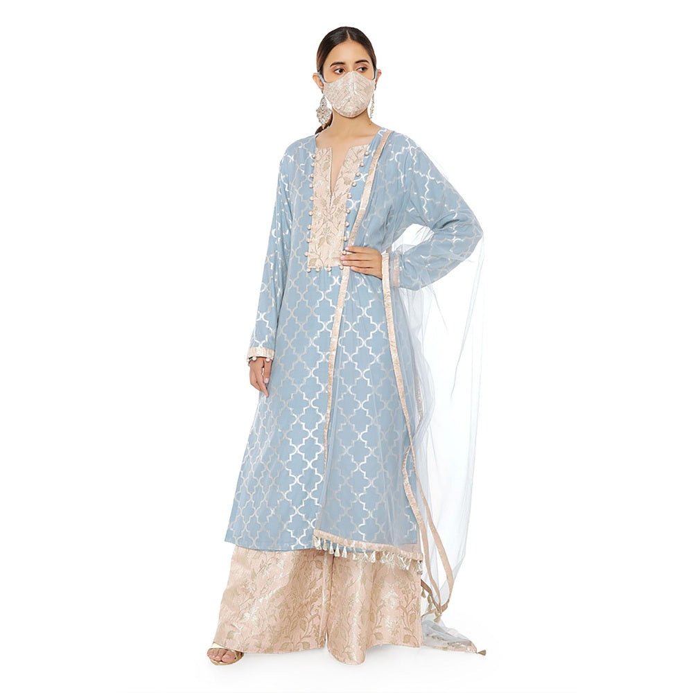 PS Pret by Payal Singhal Banarasi Silk Kurta with Palazzo and Dupatta & 3 Ply Mask (Set of 4)