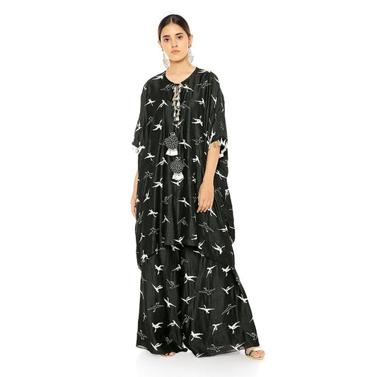 PS Pret by Payal Singhal Black Flamingo Patterned Banarsi Silk Kaftaa & Palazzo Pant (Set of 2)
