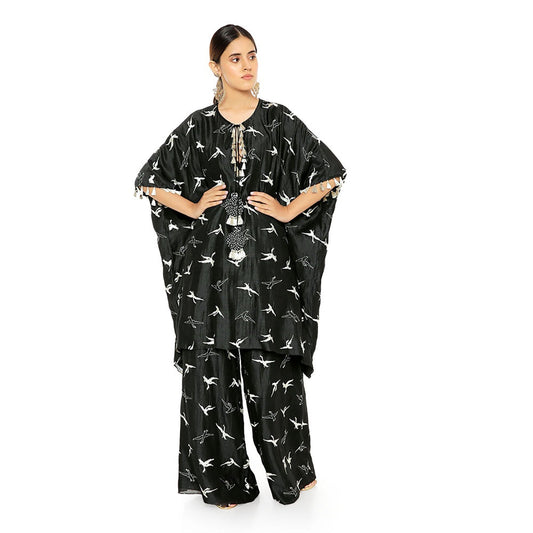 PS Pret by Payal Singhal Black Flamingo Patterned Banarsi Silk Kaftaa & Palazzo Pant (Set of 2)