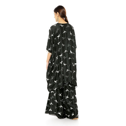 PS Pret by Payal Singhal Black Flamingo Patterned Banarsi Silk Kaftaa & Palazzo Pant (Set of 2)