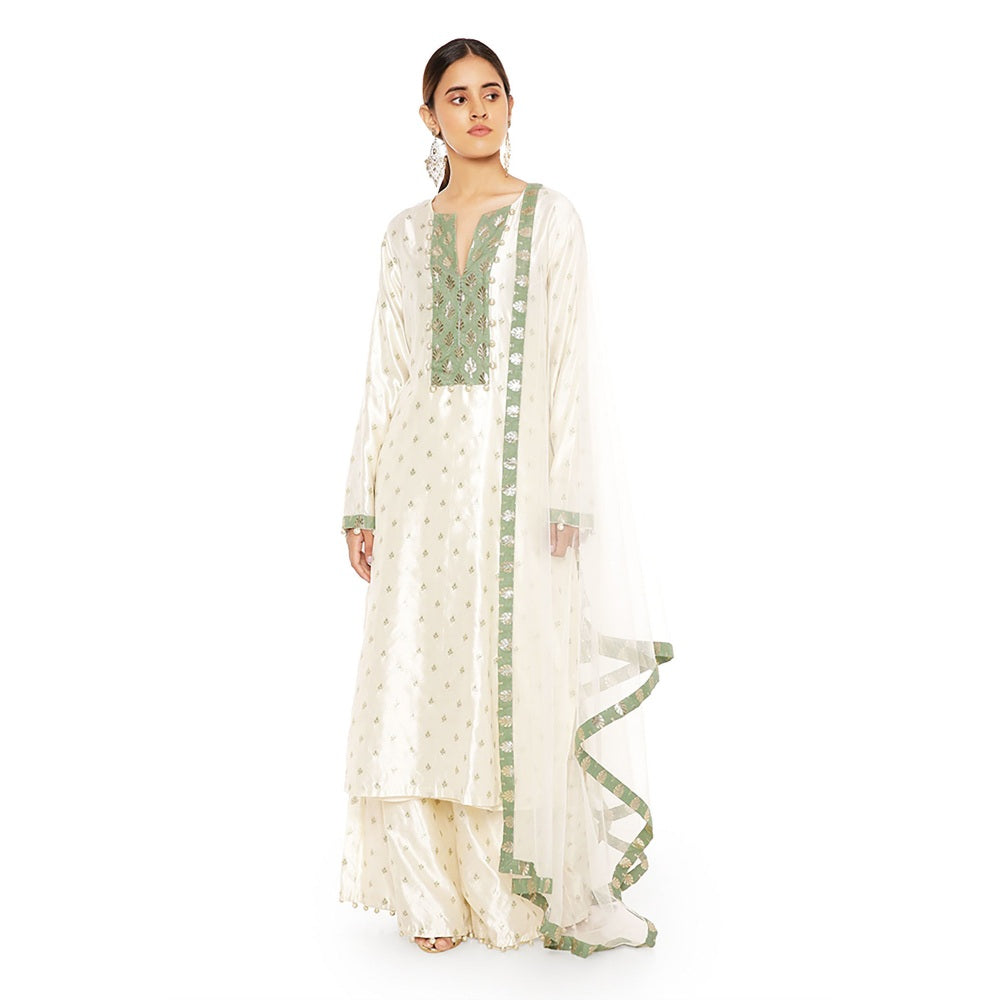 PS Pret by Payal Singhal Silk Kurta with Palazzo and Net Dupatta with 3 Ply Mask (Set of 4)