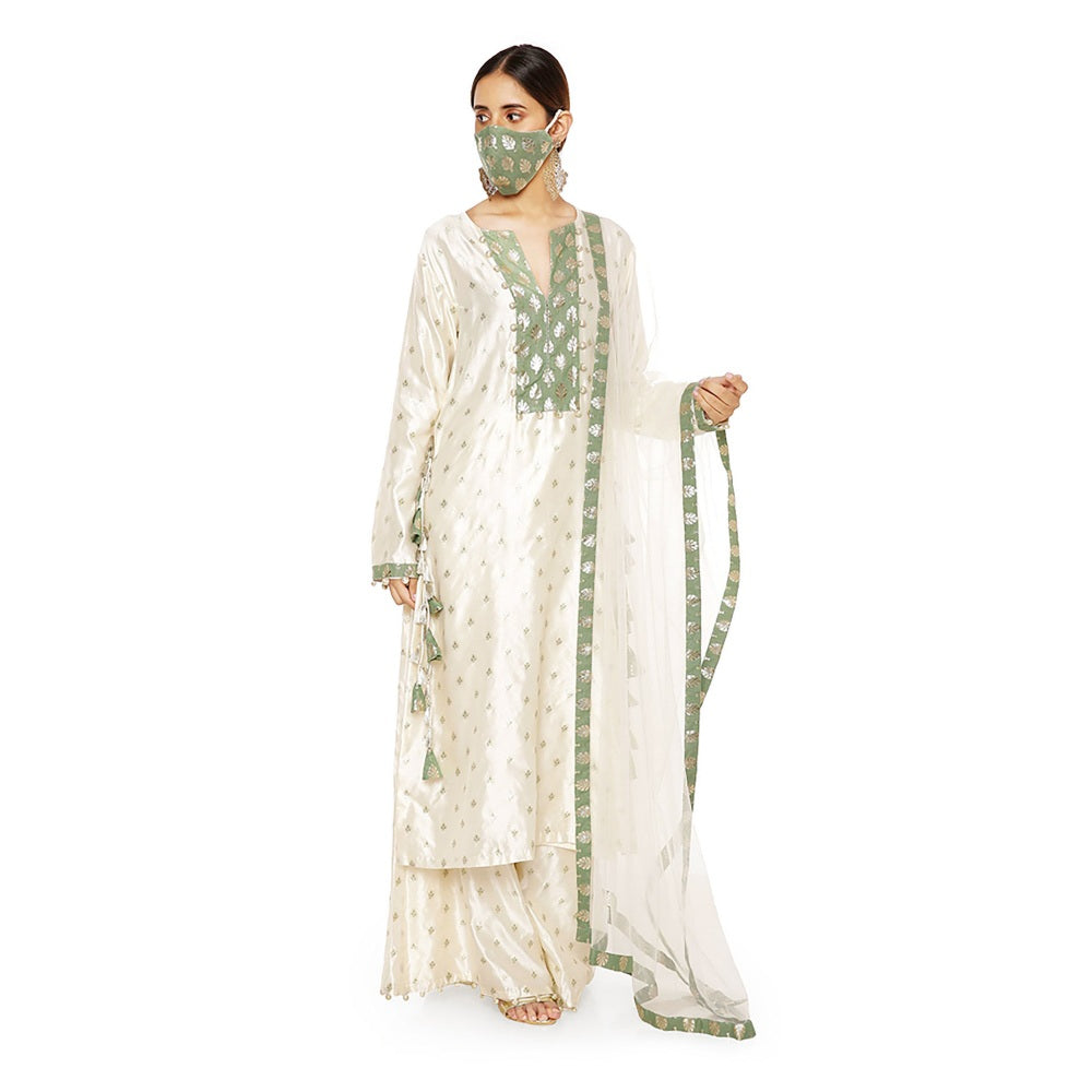Ps Pret By Payal Singhal Silk Kurta With Palazzo And Net Dupatta With 3 Ply Mask (Set Of 4)