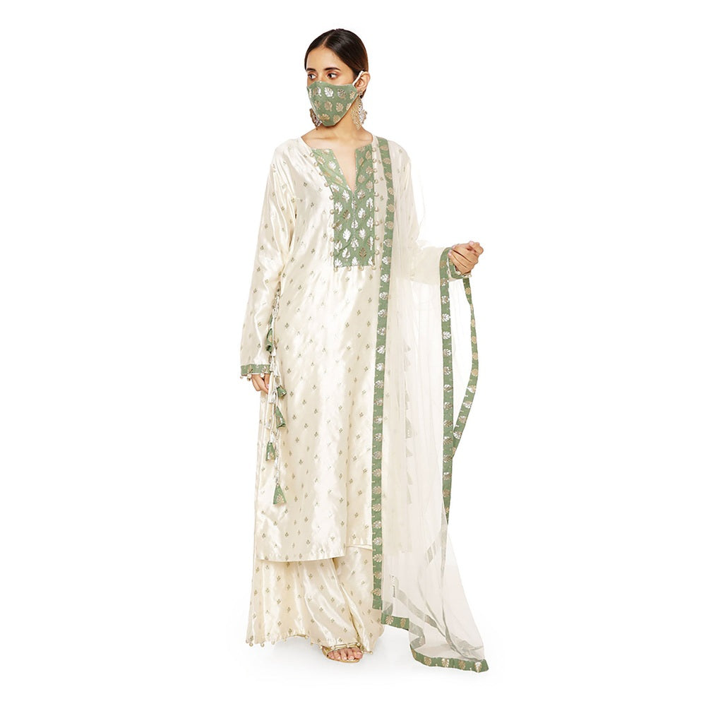 PS Pret by Payal Singhal Silk Kurta with Palazzo and Net Dupatta with 3 Ply Mask (Set of 4)