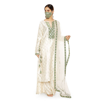 PS Pret by Payal Singhal Silk Kurta with Palazzo and Net Dupatta with 3 Ply Mask (Set of 4)