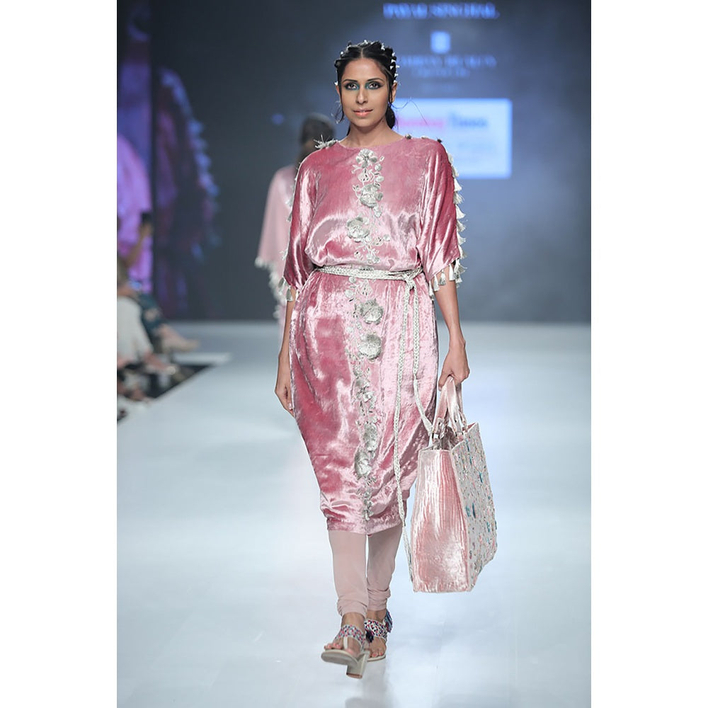 PS Pret by Payal Singhal Berina Rose Pink Velvet Kurta with Soft Net Churidar (Set of 3)