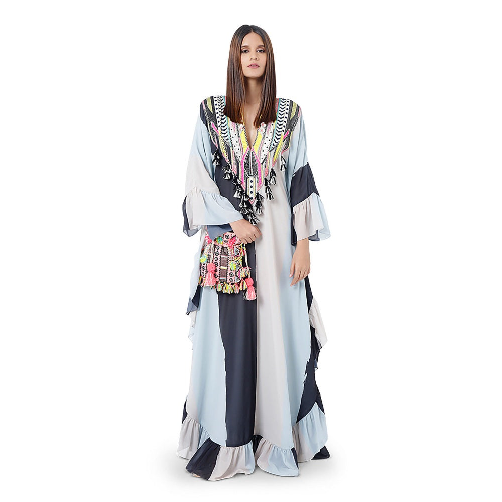 PS Pret by Payal Singhal Saba Pale Blue Printed Art Georgette Embroidered Kaftaan