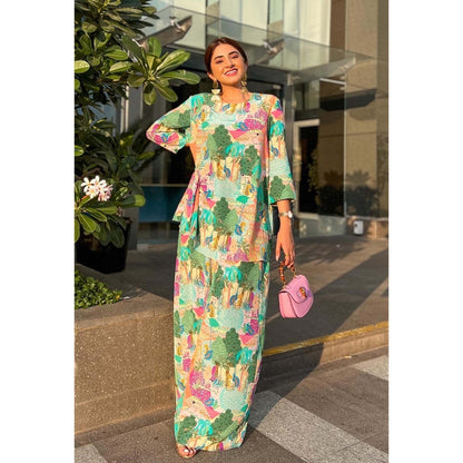 PS Pret by Payal Singhal Aleena Peach Colour Kuno Printed Crepe Top with Palazzo (Set of 2)