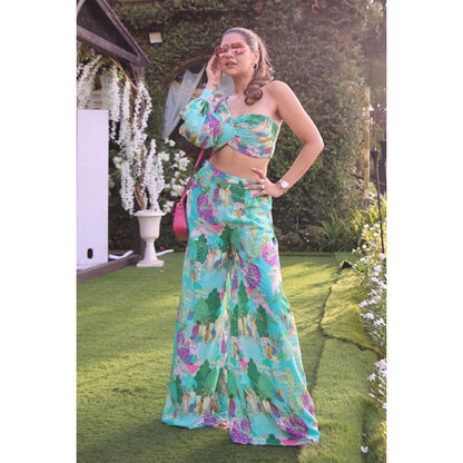 PS Pret by Payal Singhal Blue Kuno Print Crepe One Shoulder Top with Palazzo (Set of 2)