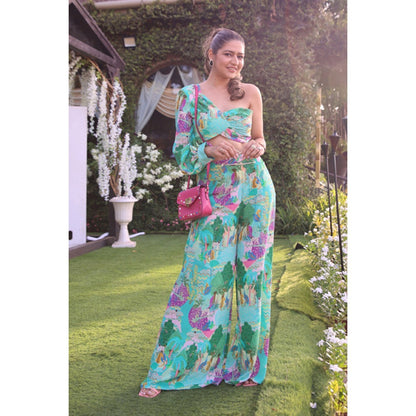 PS Pret by Payal Singhal Blue Kuno Print Crepe One Shoulder Top with Palazzo (Set of 2)