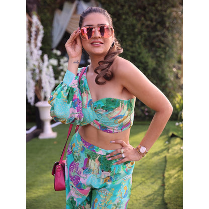 PS Pret by Payal Singhal Blue Kuno Print Crepe One Shoulder Top with Palazzo (Set of 2)