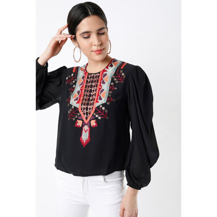 Ps Pret By Payal Singhal Black Georgette Embroidered Balloon Top