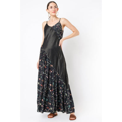 PS Pret by Payal Singhal Black Forest Print Crepe with Chanderi Stripe Frill Strappy Dress