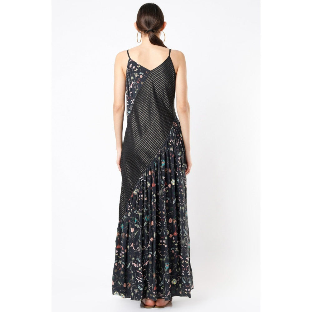 Ps Pret By Payal Singhal Black Forest Print Crepe With Chanderi Stripe Frill Strappy Dress
