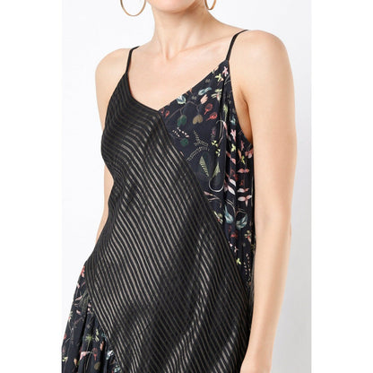 PS Pret by Payal Singhal Black Forest Print Crepe with Chanderi Stripe Frill Strappy Dress