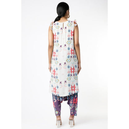 PS Pret by Payal Singhal White Ikat Printed Tunic with Purple Low Crotch Pants (Set of 2)