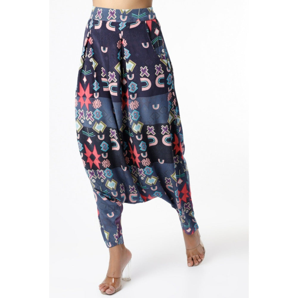 Ps Pret By Payal Singhal White Ikat Printed Tunic With Purple Low Crotch Pants (Set Of 2)