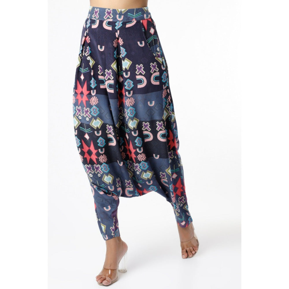 PS Pret by Payal Singhal White Ikat Printed Tunic with Purple Low Crotch Pants (Set of 2)