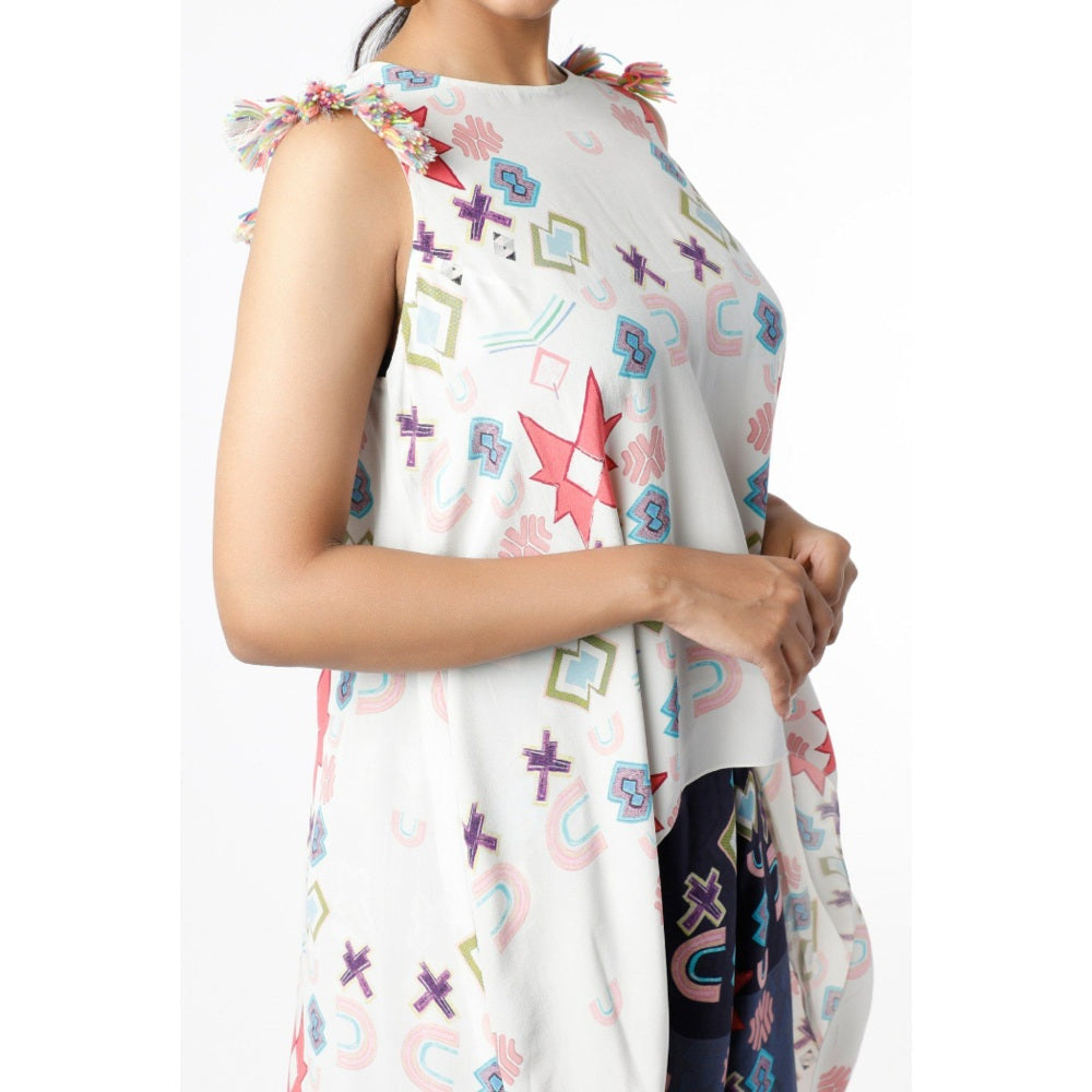 PS Pret by Payal Singhal White Ikat Printed Tunic with Purple Low Crotch Pants (Set of 2)