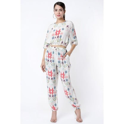 PS Pret by Payal Singhal White Ikat Star Small Print Crepe Top with Jogger Pants (Set of 2)