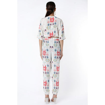 PS Pret by Payal Singhal White Ikat Star Small Print Crepe Top with Jogger Pants (Set of 2)