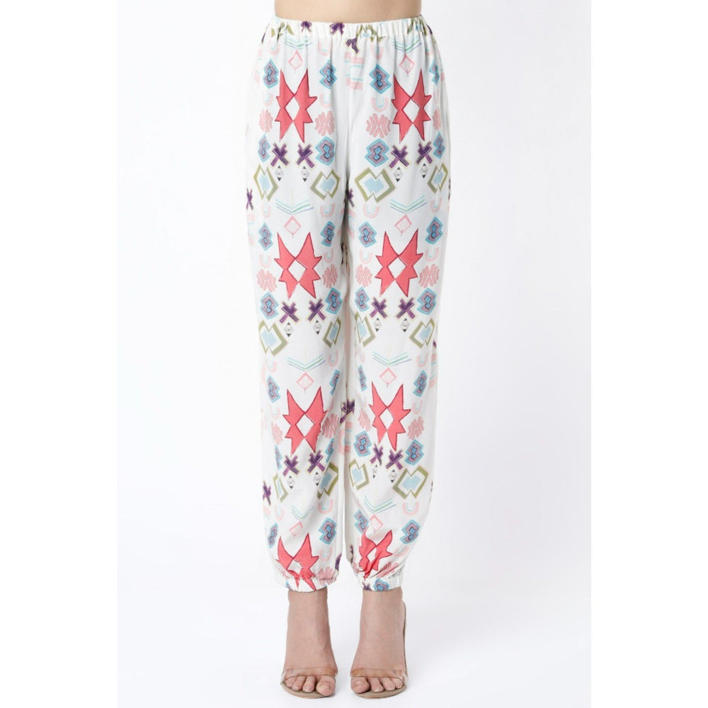 PS Pret by Payal Singhal White Ikat Star Small Print Crepe Top with Jogger Pants (Set of 2)