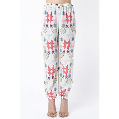 PS Pret by Payal Singhal White Ikat Star Small Print Crepe Top with Jogger Pants (Set of 2)
