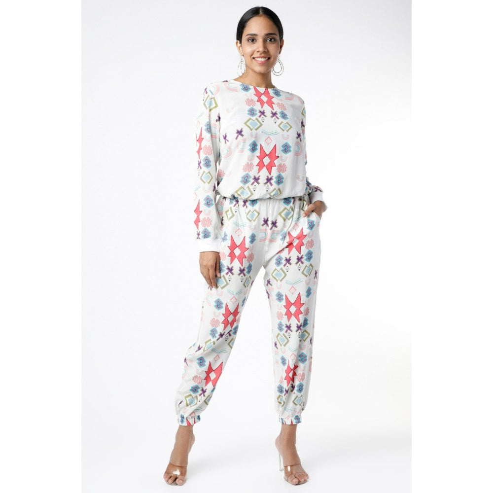 PS Pret by Payal Singhal White Small Star Print Crepe Top with Jogger Pants (Set of 2)