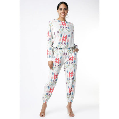 PS Pret by Payal Singhal White Small Star Print Crepe Top with Jogger Pants (Set of 2)