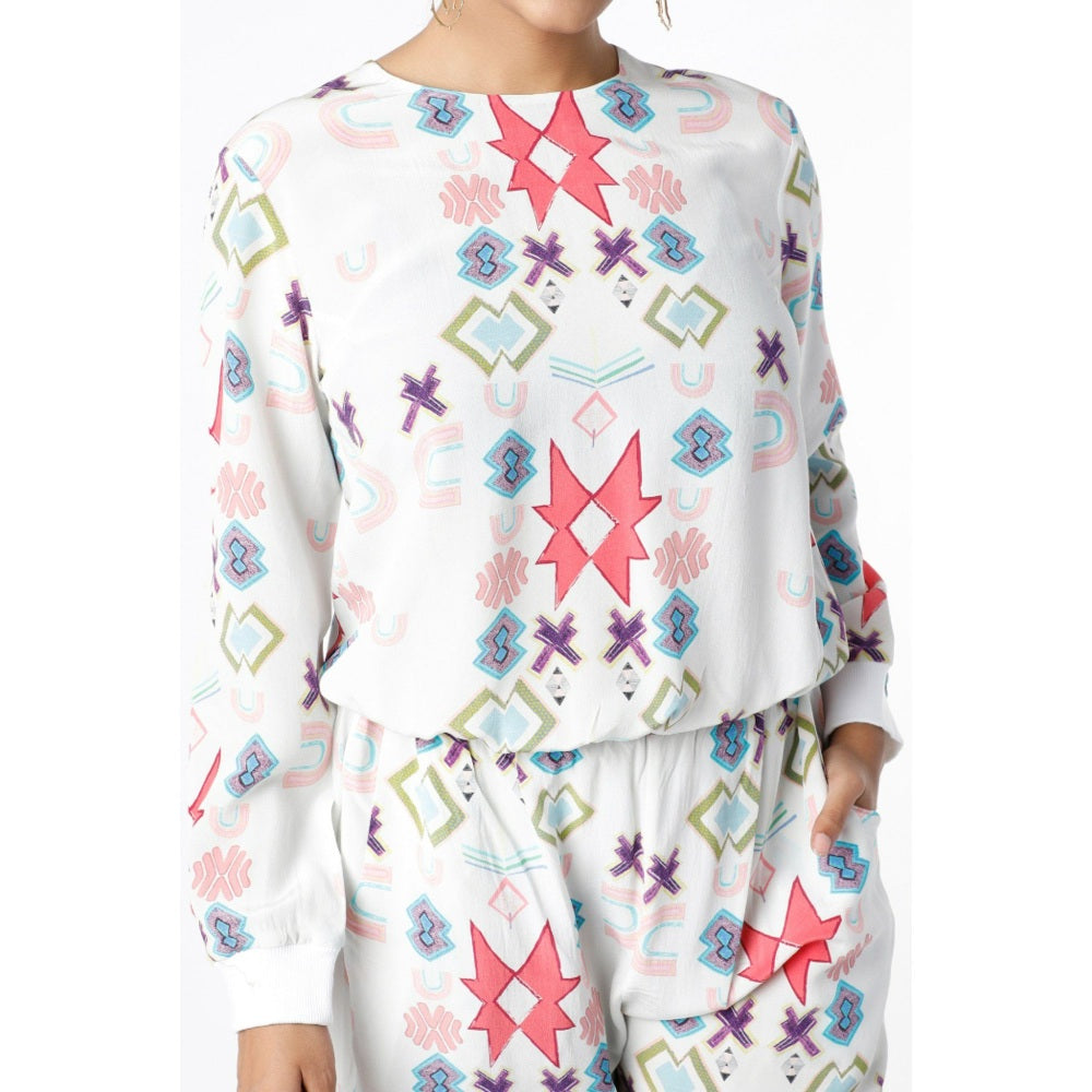 PS Pret by Payal Singhal White Small Star Print Crepe Top with Jogger Pants (Set of 2)