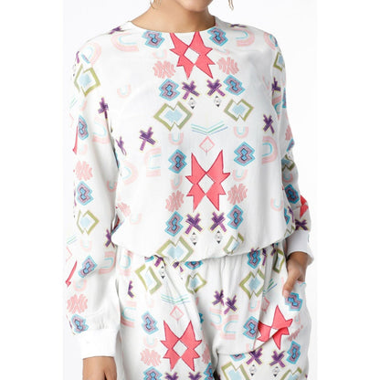 PS Pret by Payal Singhal White Small Star Print Crepe Top with Jogger Pants (Set of 2)