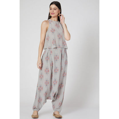 PS Pret by Payal Singhal Grey Ikat Buti Print Crepe Top and Low Crotch Pants (Set of 2)