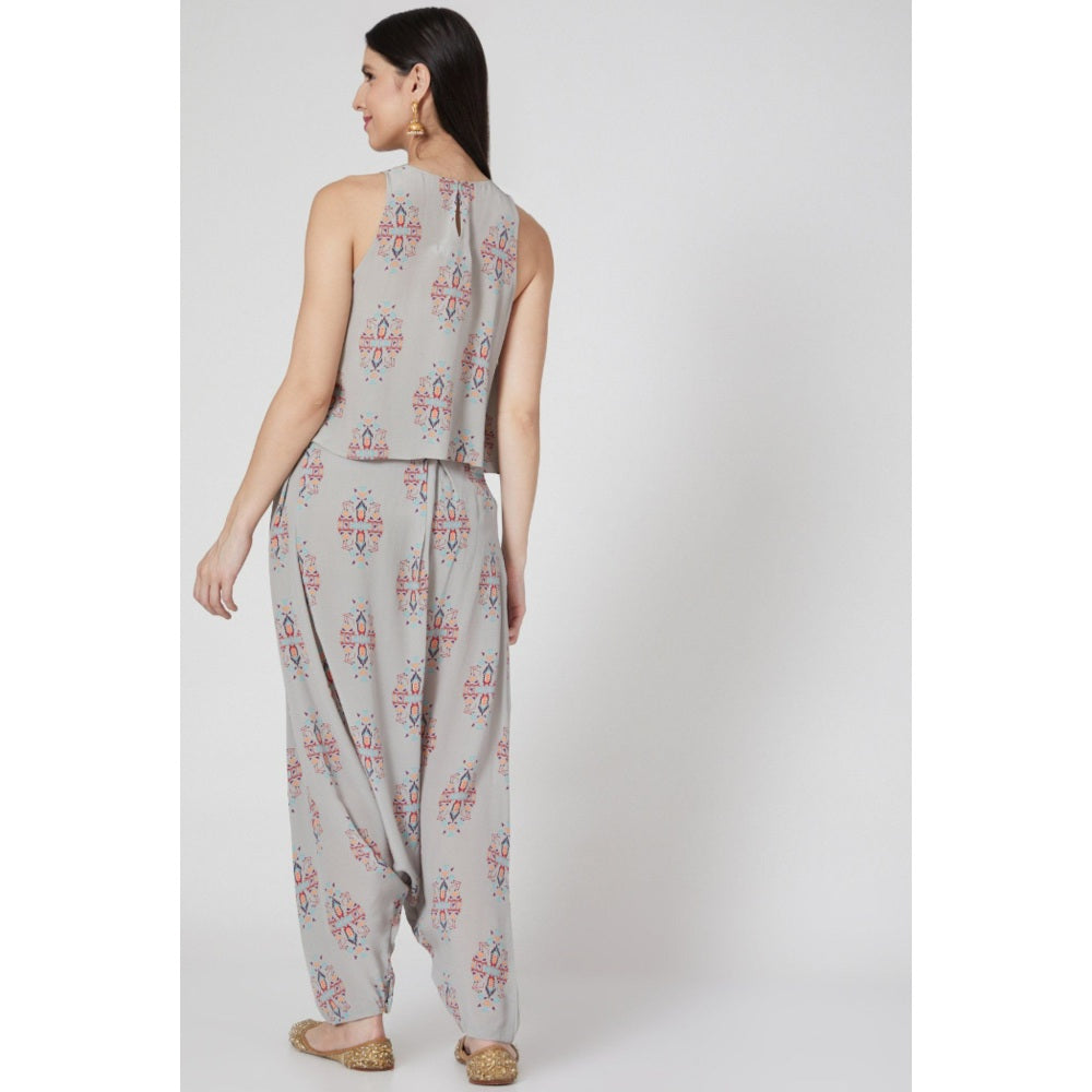 PS Pret by Payal Singhal Grey Ikat Buti Print Crepe Top and Low Crotch Pants (Set of 2)