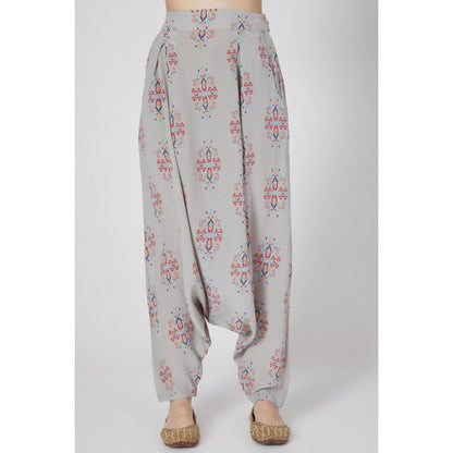 PS Pret by Payal Singhal Grey Ikat Buti Print Crepe Top and Low Crotch Pants (Set of 2)