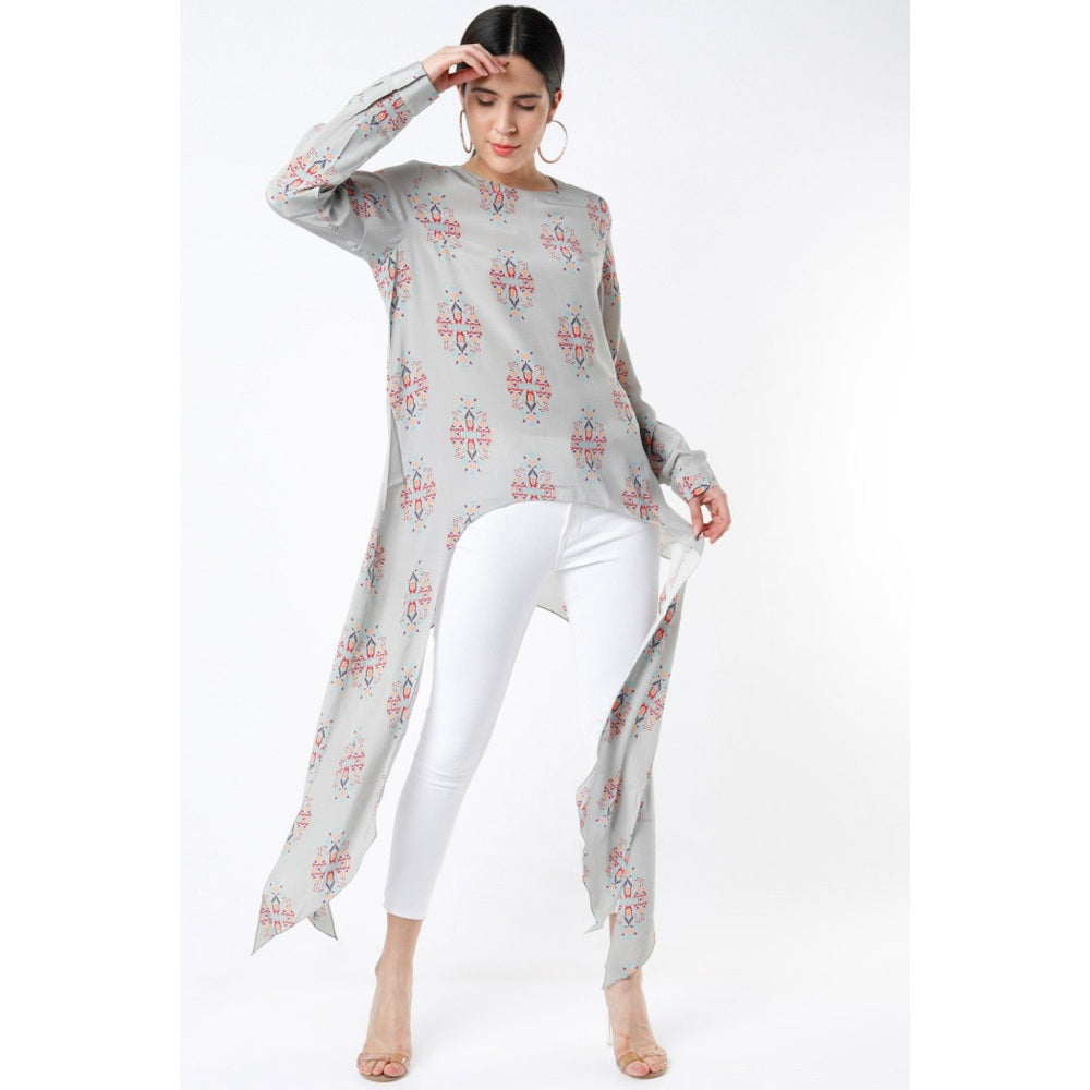 Ps Pret By Payal Singhal Grey Ikat Buti Print Crepe Tunic With Side Tail