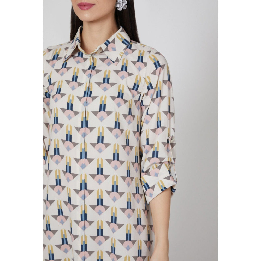 PS Pret by Payal Singhal Arrow Print Art Crepe Ankle Length with Roll Up Sleeves Shirt Dress