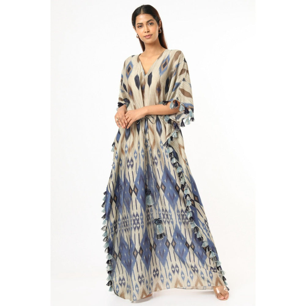 PS Pret by Payal Singhal Blue Tribe Print Silkmul Kaftan with Tassels