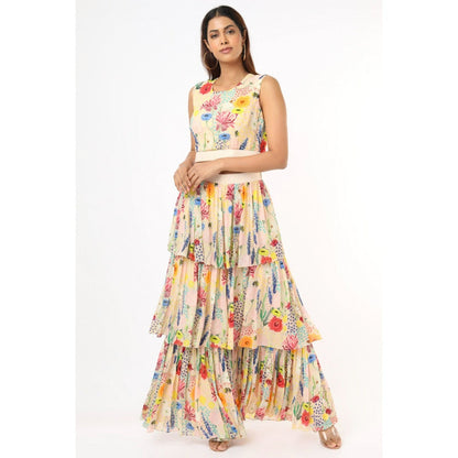 PS Pret by Payal Singhal Stone Bee Print Balloon Top with Layered Sharara Pants (Set of 2)