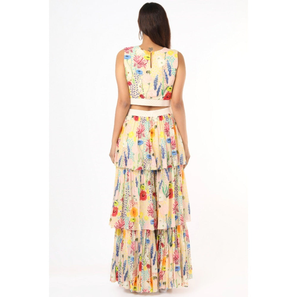 PS Pret by Payal Singhal Stone Bee Print Balloon Top with Layered Sharara Pants (Set of 2)