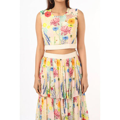 PS Pret by Payal Singhal Stone Bee Print Balloon Top with Layered Sharara Pants (Set of 2)