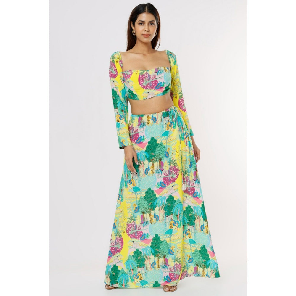 PS Pret by Payal Singhal Yellow Kuno Print Crepe Top and Skirt (Set of 2)