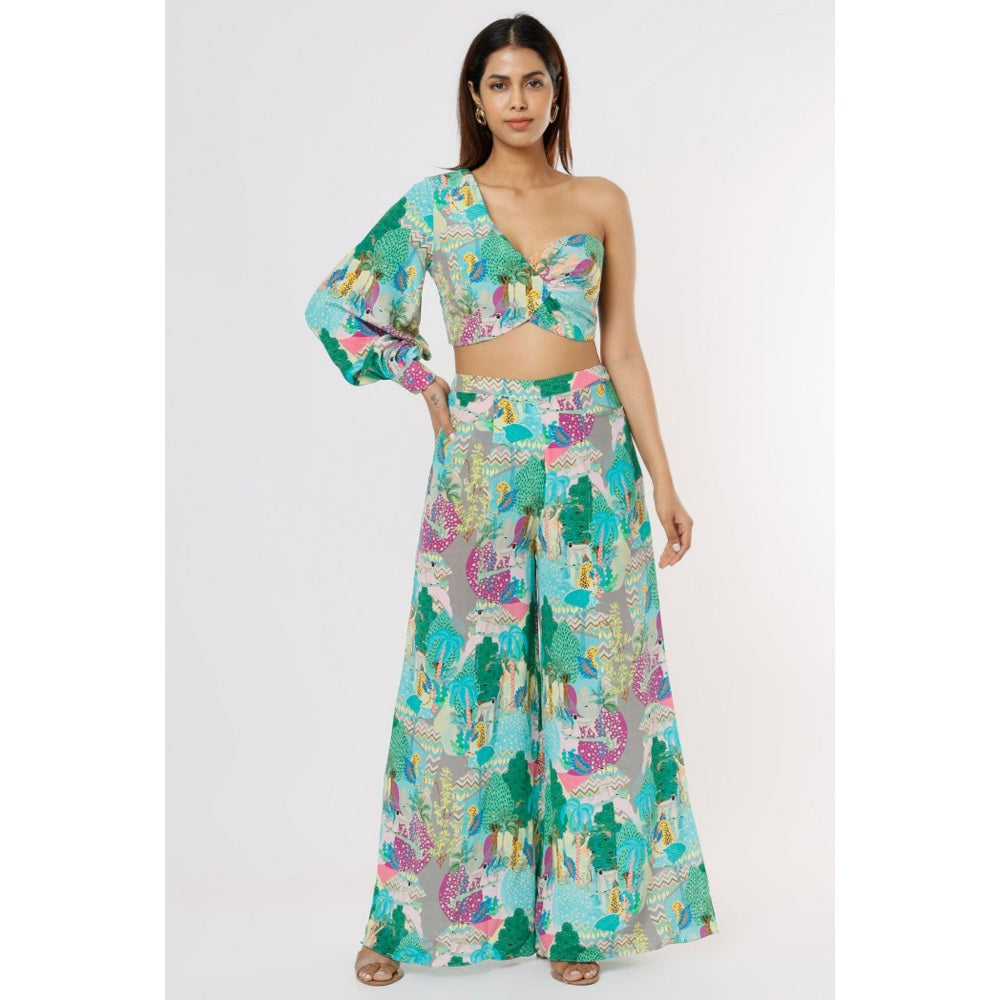 PS Pret by Payal Singhal Grey Kuno Print Crepe One Shoulder Top with Palazzo (Set of 2)