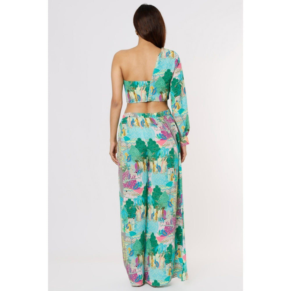 PS Pret by Payal Singhal Grey Kuno Print Crepe One Shoulder Top with Palazzo (Set of 2)