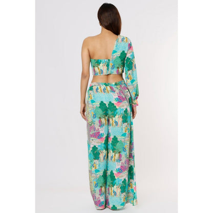 PS Pret by Payal Singhal Grey Kuno Print Crepe One Shoulder Top with Palazzo (Set of 2)