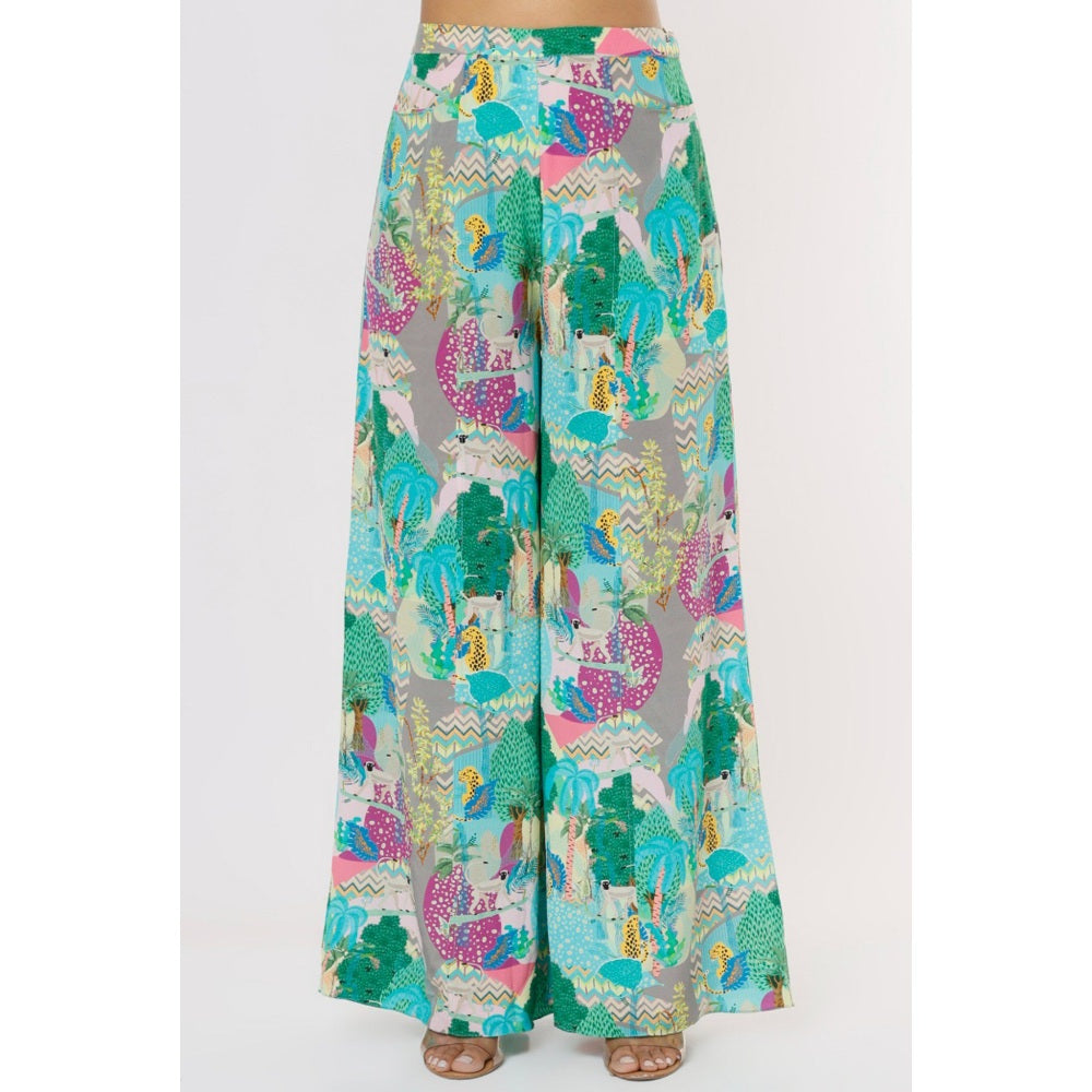 PS Pret by Payal Singhal Grey Kuno Print Crepe One Shoulder Top with Palazzo (Set of 2)