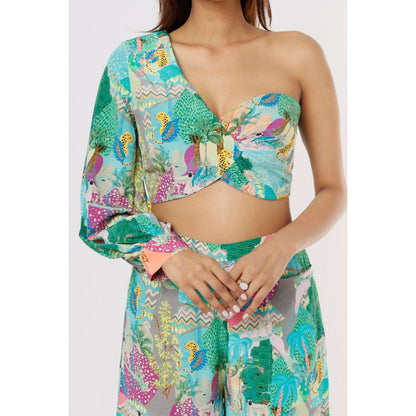 PS Pret by Payal Singhal Grey Kuno Print Crepe One Shoulder Top with Palazzo (Set of 2)