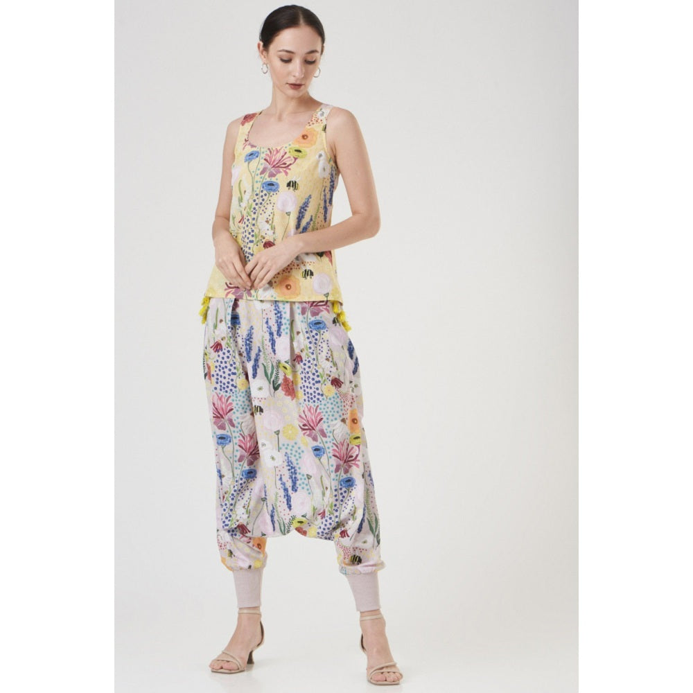 Ps Pret By Payal Singhal Yellow Bee Garden Art Crepe Top With Low Crotch Pants (Set Of 2)