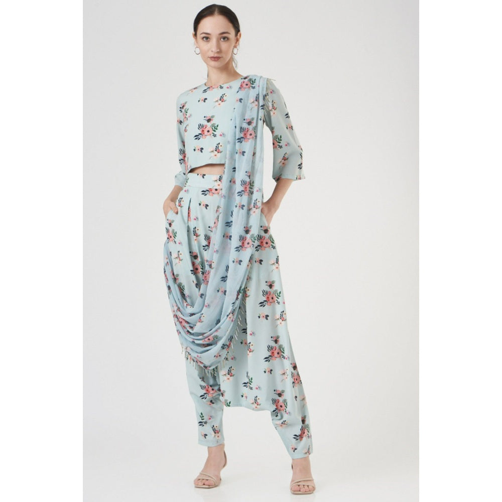 PS Pret by Payal Singhal Gulabi Print Crepe Top and with Draped Saree Style Pants (Set of 2)