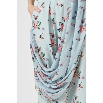 PS Pret by Payal Singhal Gulabi Print Crepe Top and with Draped Saree Style Pants (Set of 2)