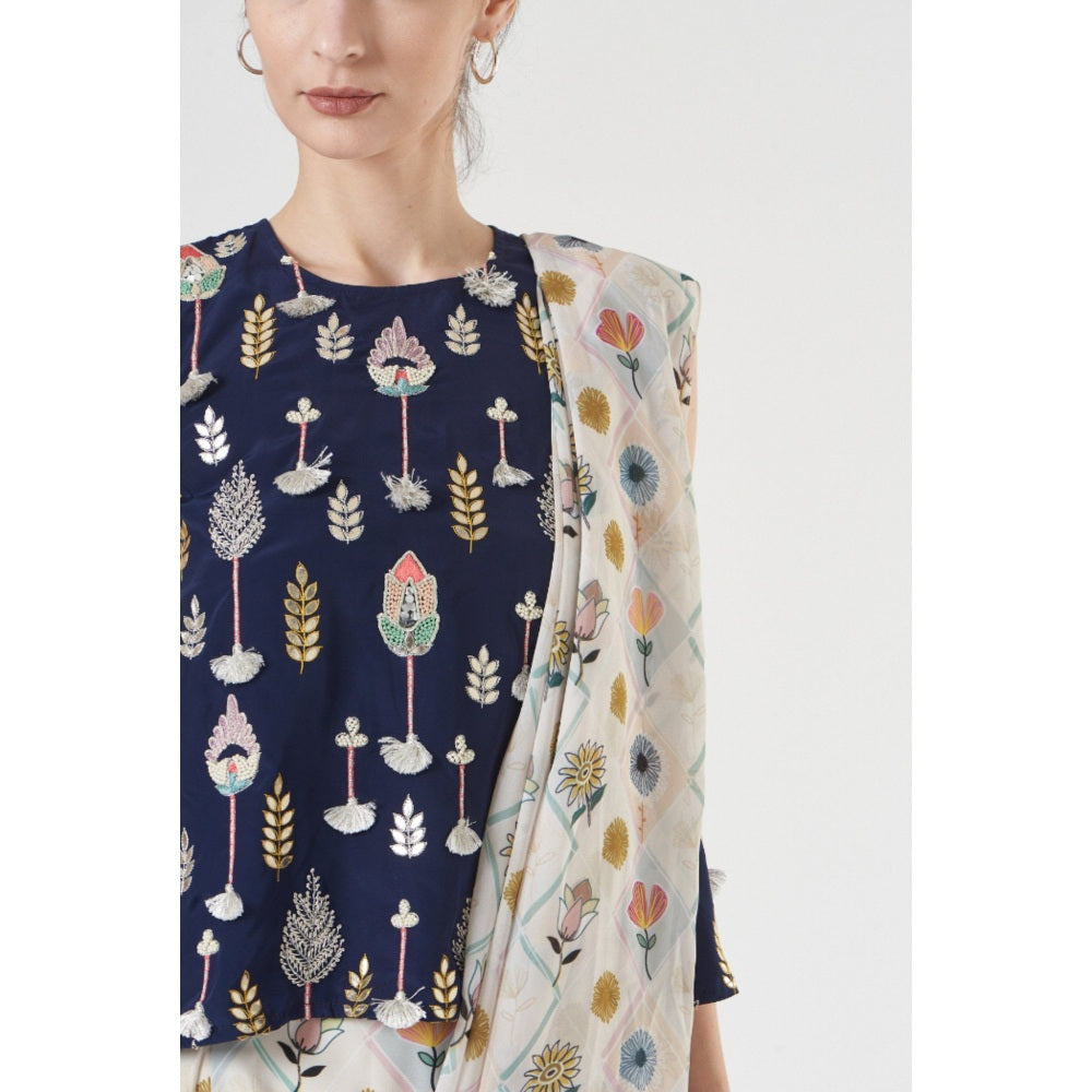 PS Pret by Payal Singhal Navy Embroidered Top & Georgette Draped Saree Style Dhoti (Set of 2)