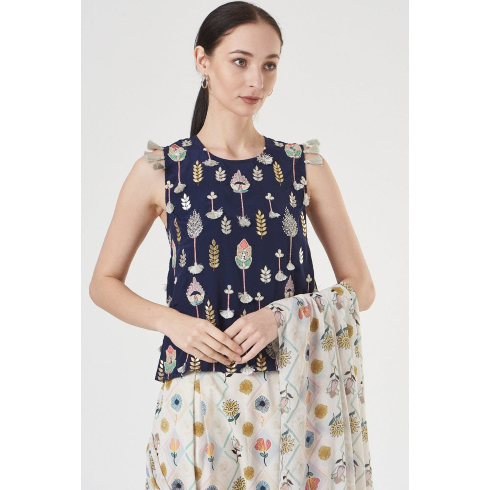 PS Pret by Payal Singhal Navy Embroidered Top & Georgette Draped Saree Style Dhoti (Set of 2)